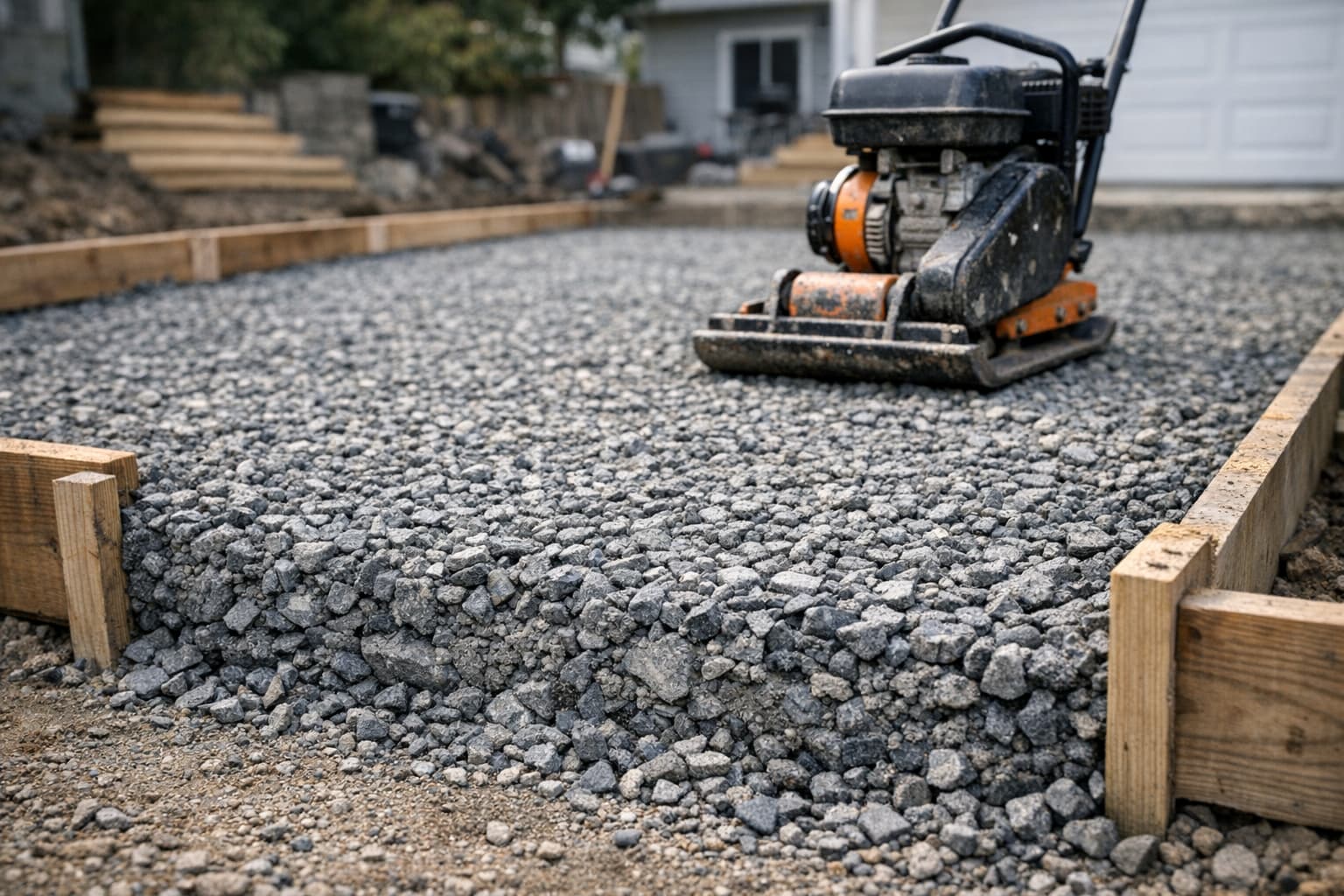 Compacted crushed gravel base layer inside wooden driveway forms with plate compactor on site