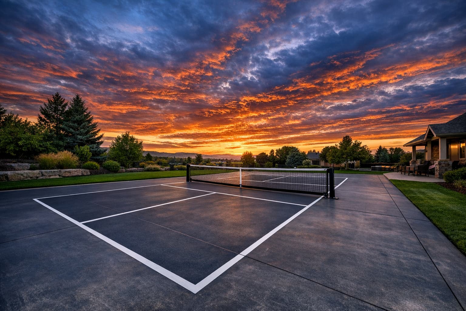 Completed outdoor pickleball court with stunning Idaho sunset backdrop and crisp court markings