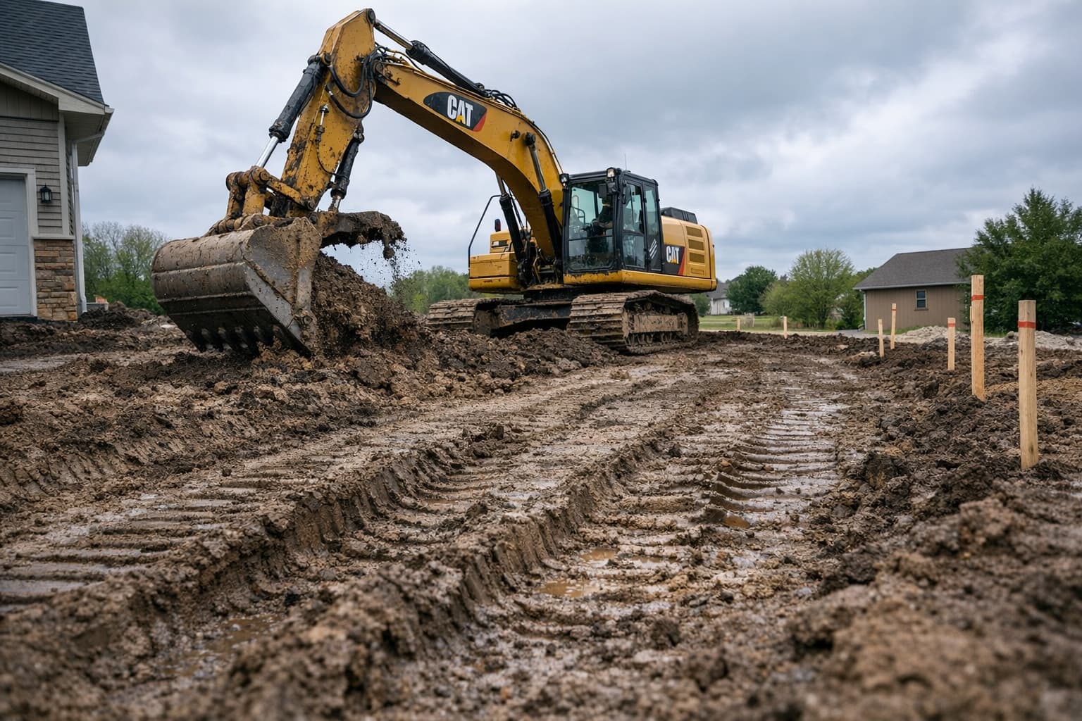 Yellow Caterpillar excavator actively digging and grading bare dirt for a residential concrete driveway in Idaho Falls