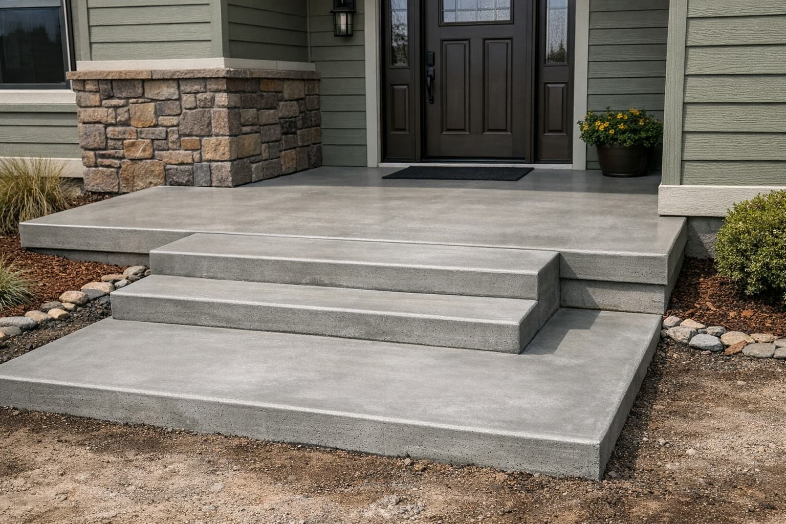 Concrete front porch with steps installed at a residential home in Idaho Falls
