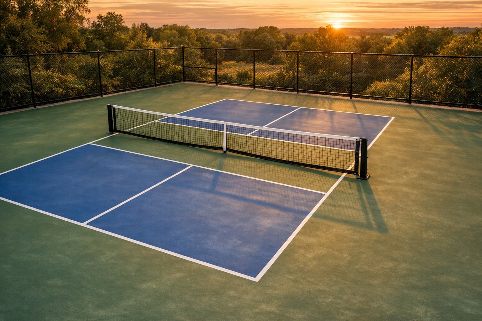 Completed outdoor pickleball court with fresh lines and professional concrete installation