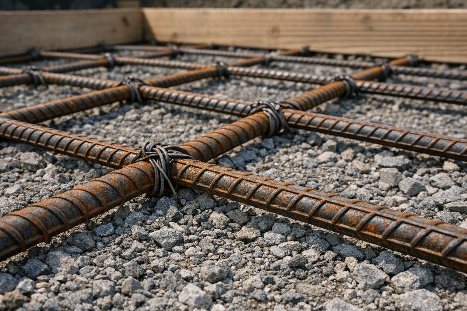 Close-up of steel rebar grid tied with wire ties laid flat on compacted gravel base inside 2x4 wooden form boards, ready for concrete pour