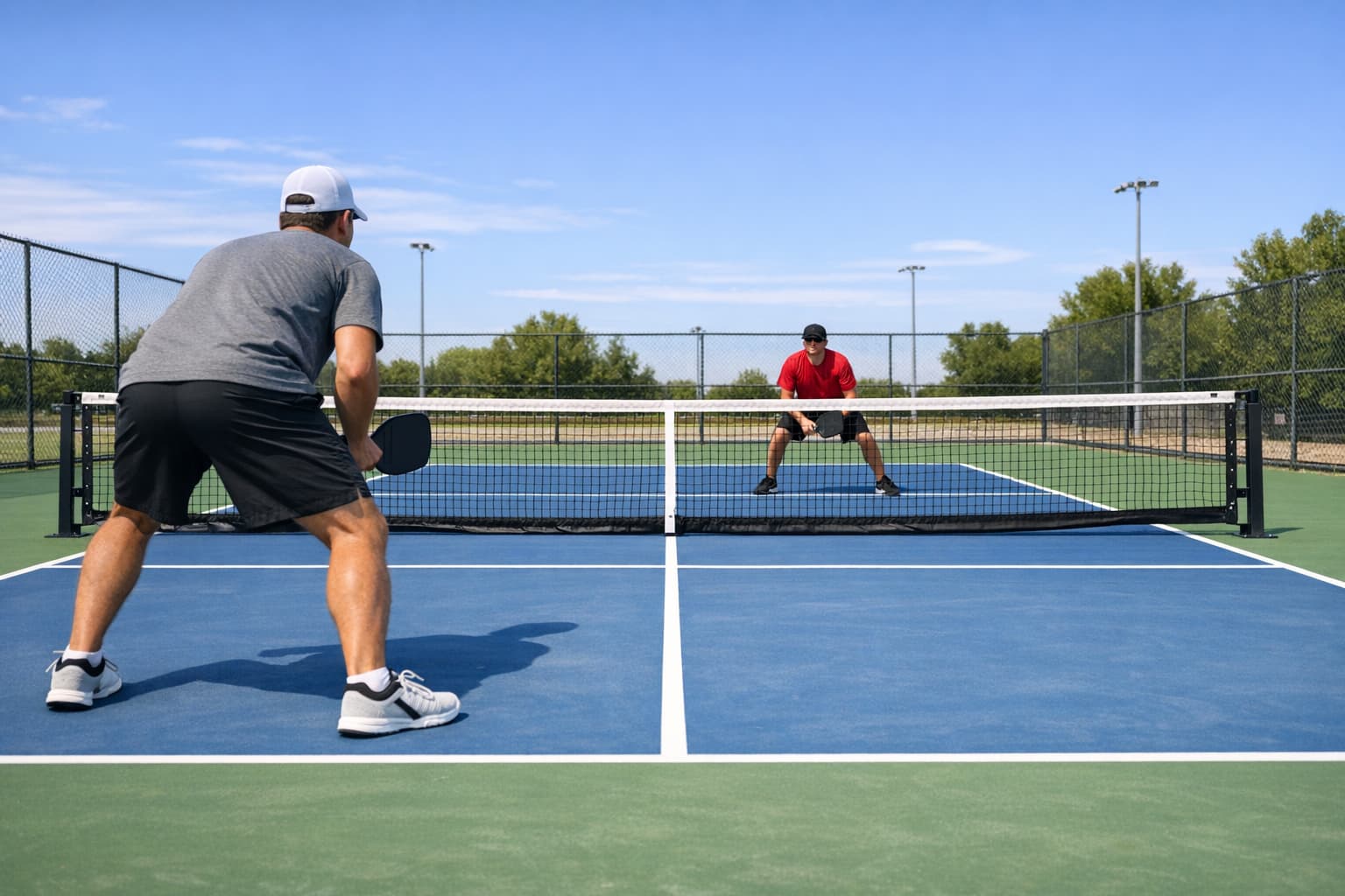 Completed pickleball court with players during game