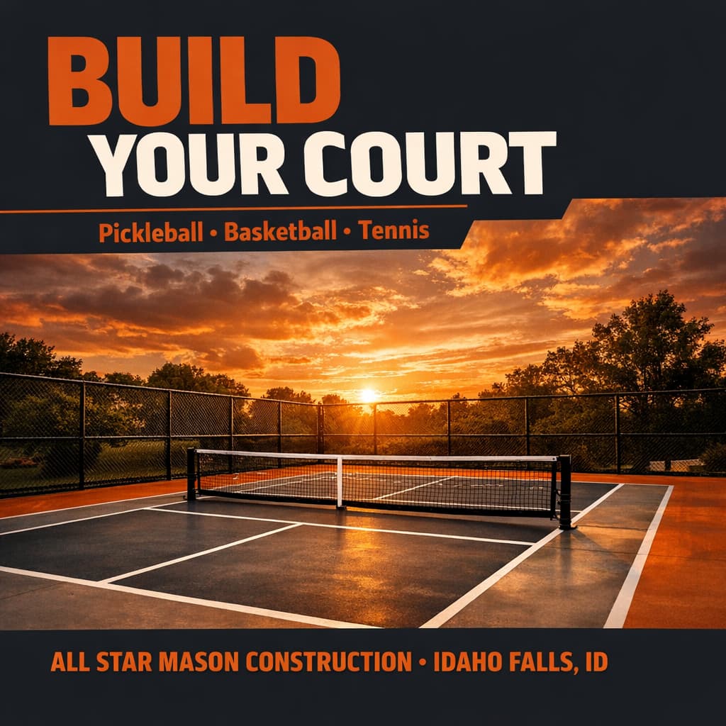 All Star Mason Construction sports court marketing social media graphic featuring a pickleball court at golden hour with bold orange branding
