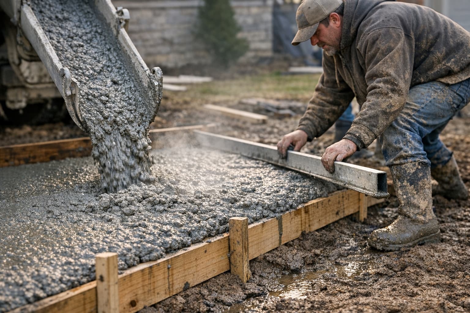Concrete truck actively pouring wet concrete into residential driveway forms with workers screeding and leveling the mix