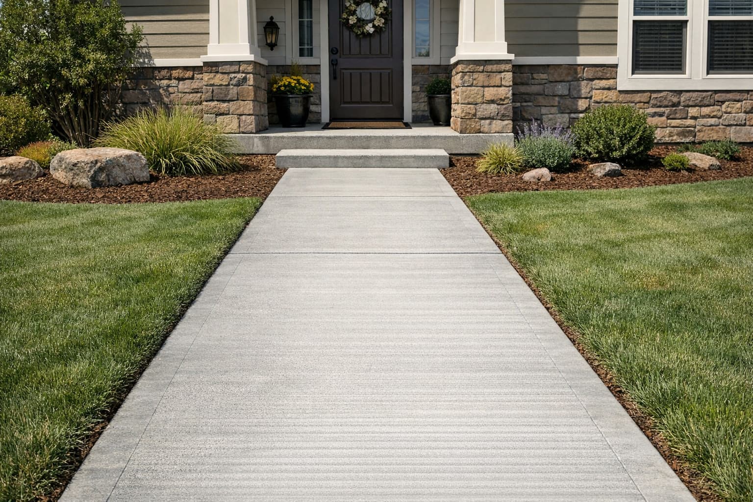 Concrete walkway leading to a front door in Idaho Falls
