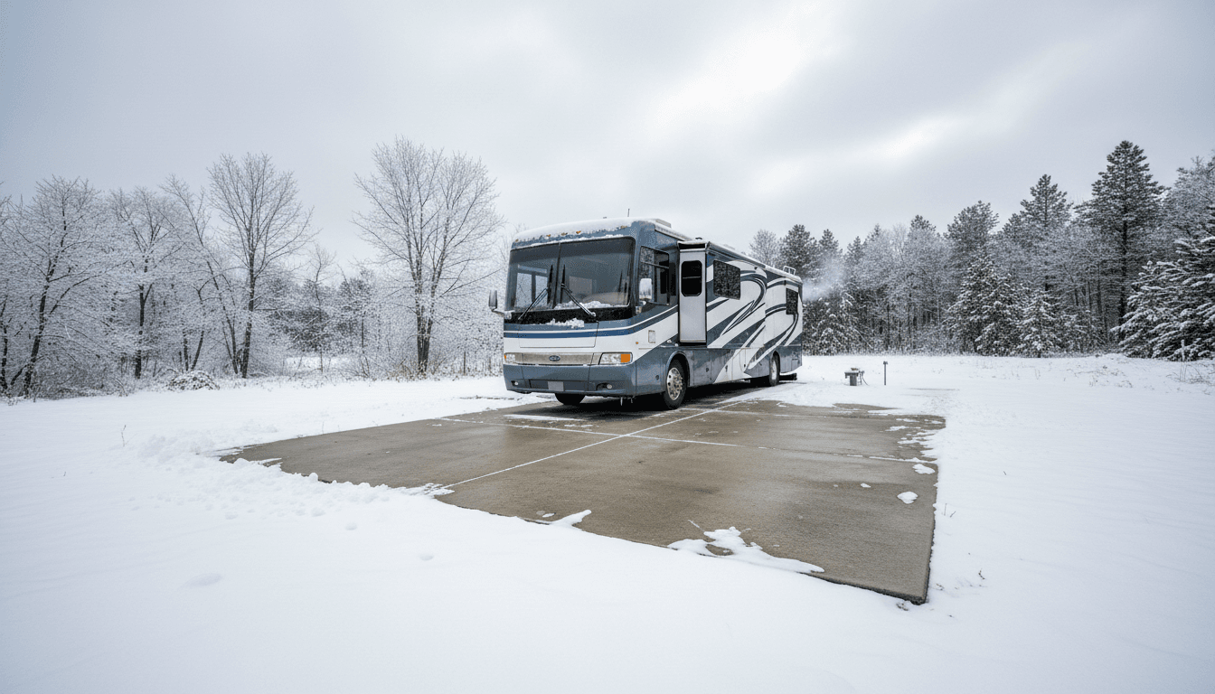 Winter RV pad with concrete surface holding up under snow and ice conditions