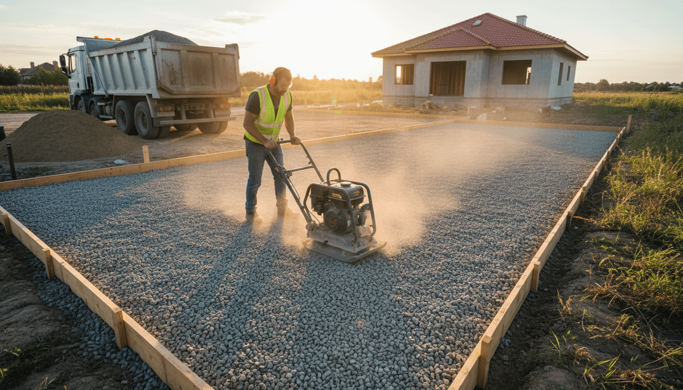 Worker using plate compactor on gravel base for new concrete driveway
