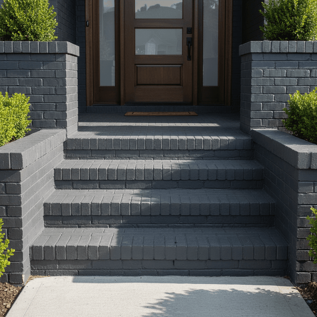 Stamped concrete front porch with brick pattern and dark charcoal stain