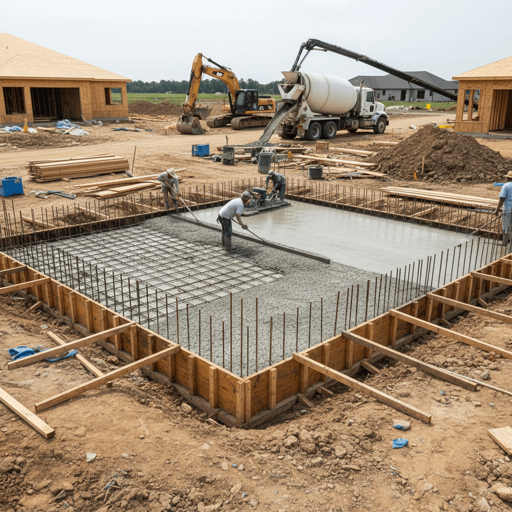 Residential foundation pour with rebar and forms in Idaho Falls