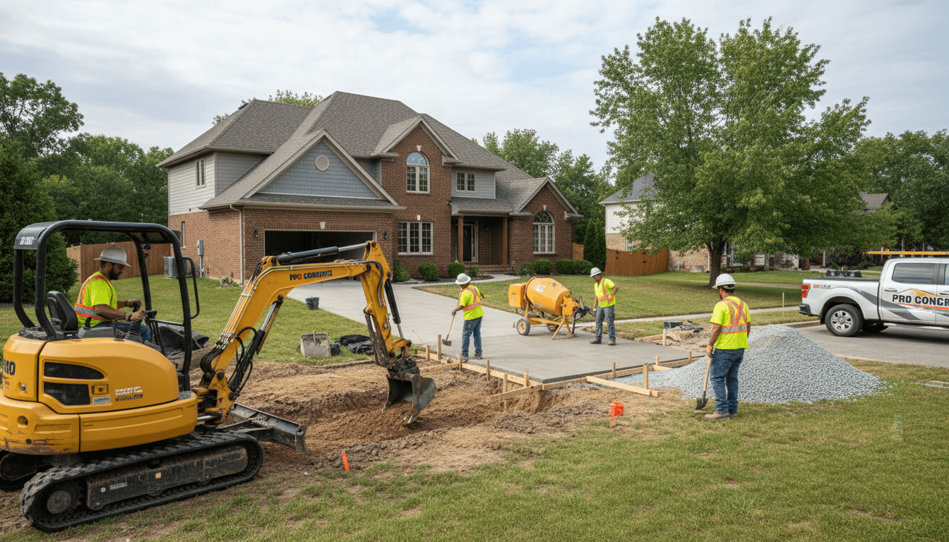 All Star Mason Construction concrete driveway installation in progress with equipment