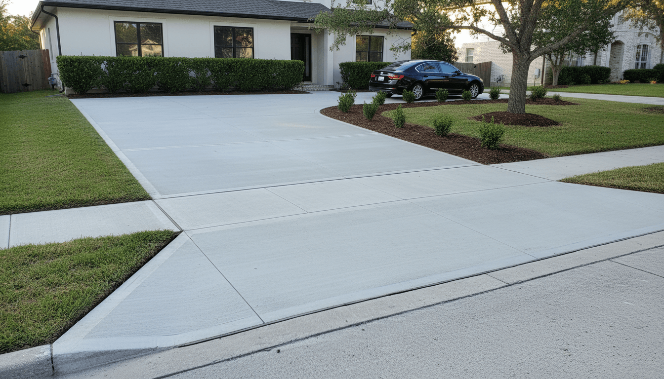 Completed concrete driveway with professional finishing work