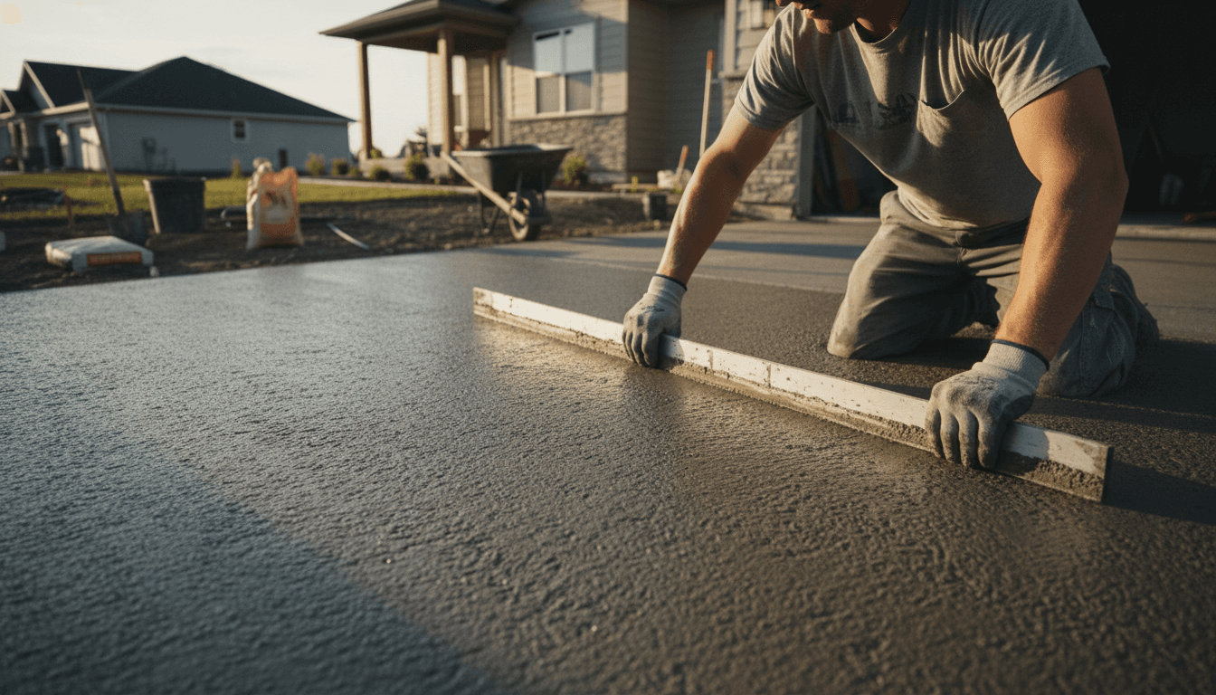 Mason leveling fresh concrete with straightedge on residential driveway