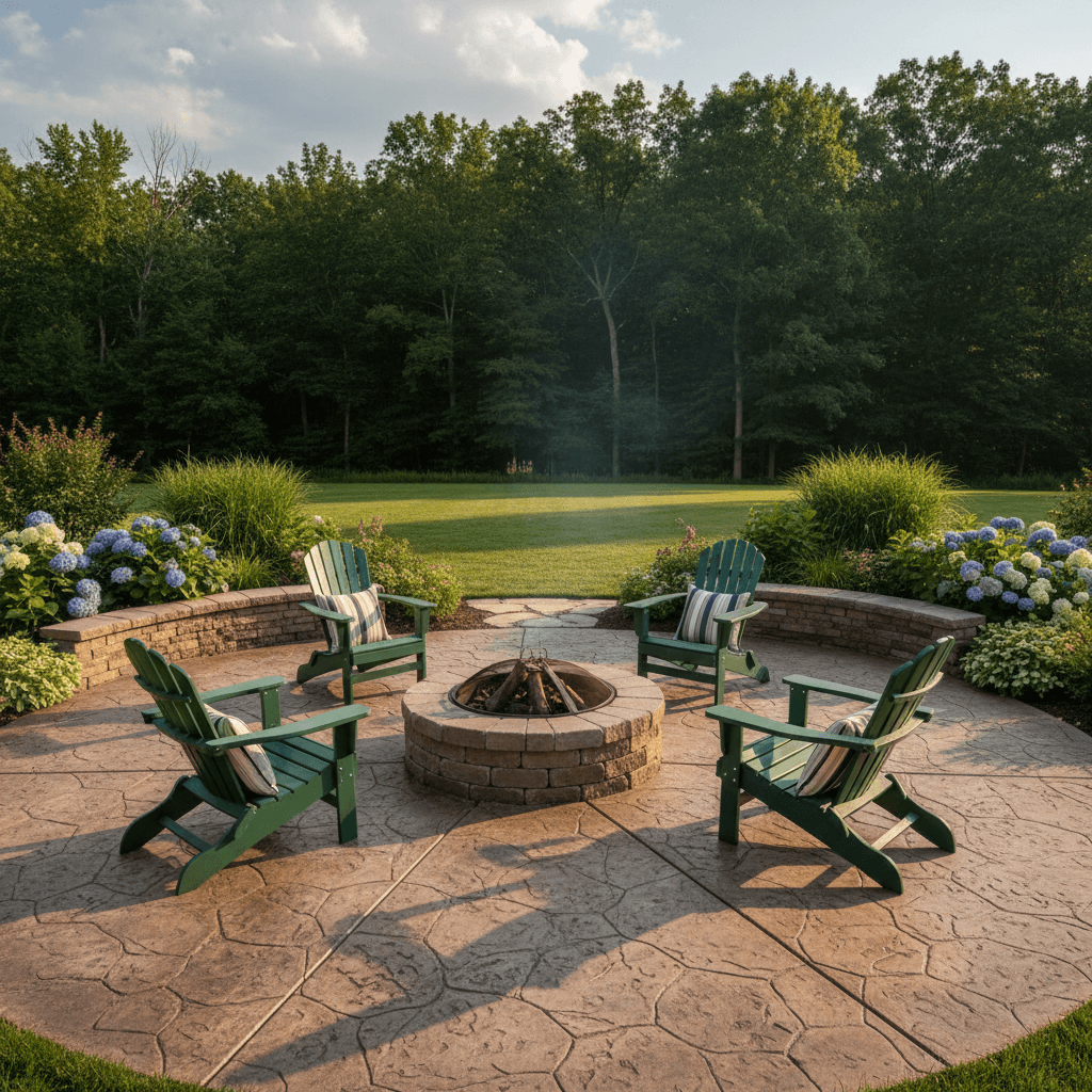 Stamped concrete patio with fire pit