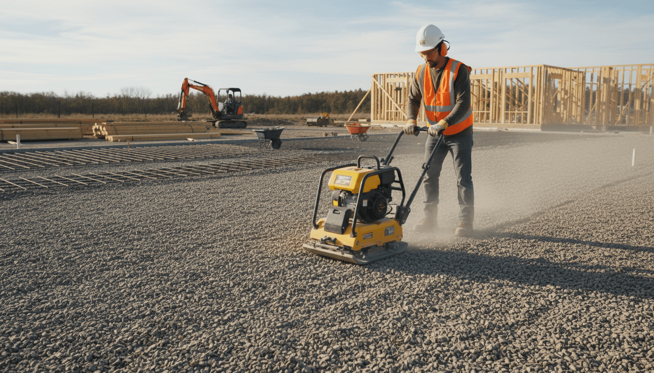 Worker operating a plate compactor on a gravel base to prepare for concrete
