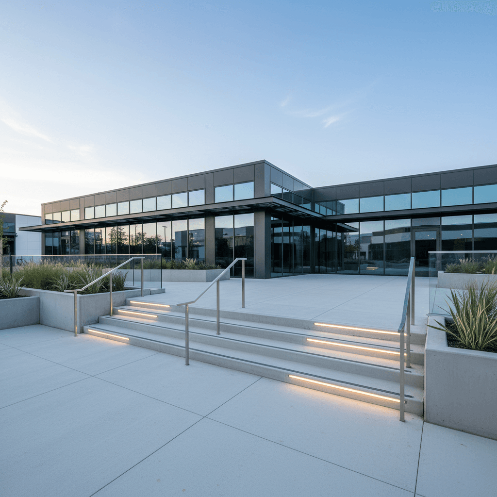 Commercial building walkway and steps with clean poured concrete finish