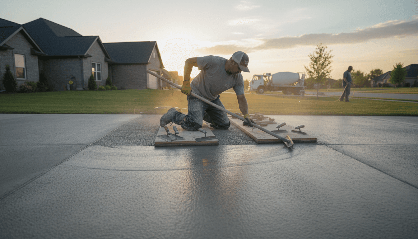 Concrete contractor finishing a driveway surface with hand tools