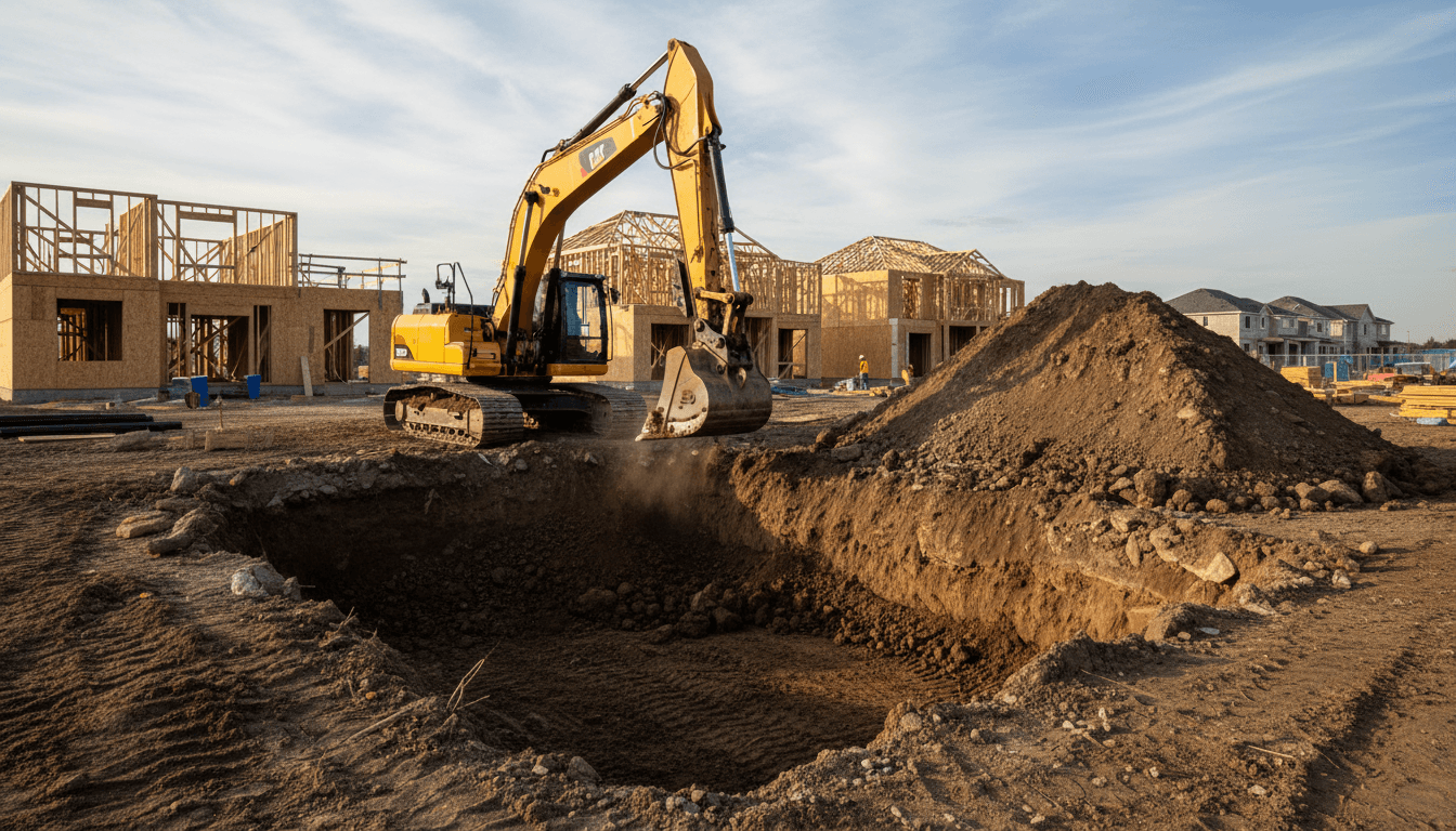 Excavator digging soil at a residential construction site with a pile of dirt nearby