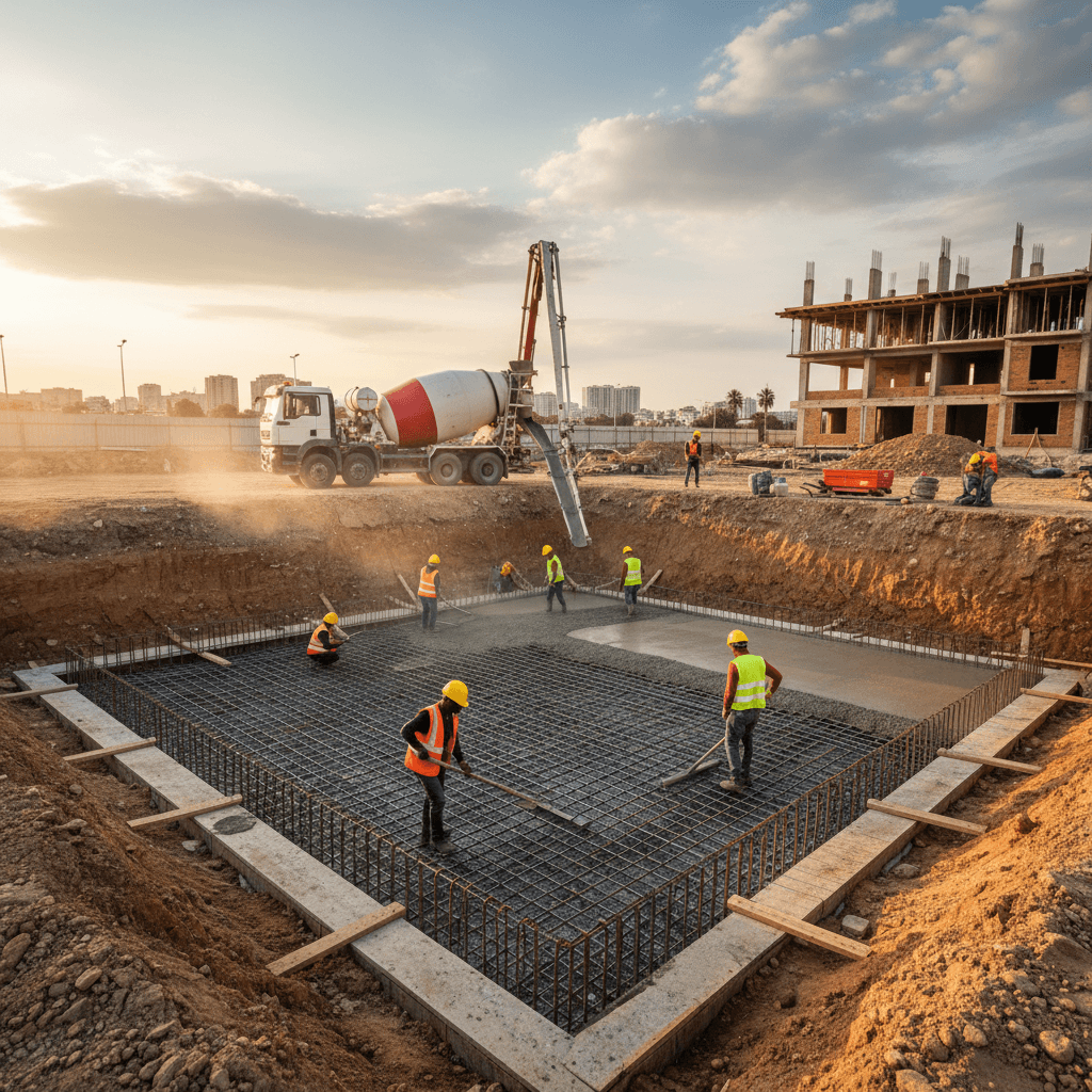 Excavation and concrete truck at foundation job site