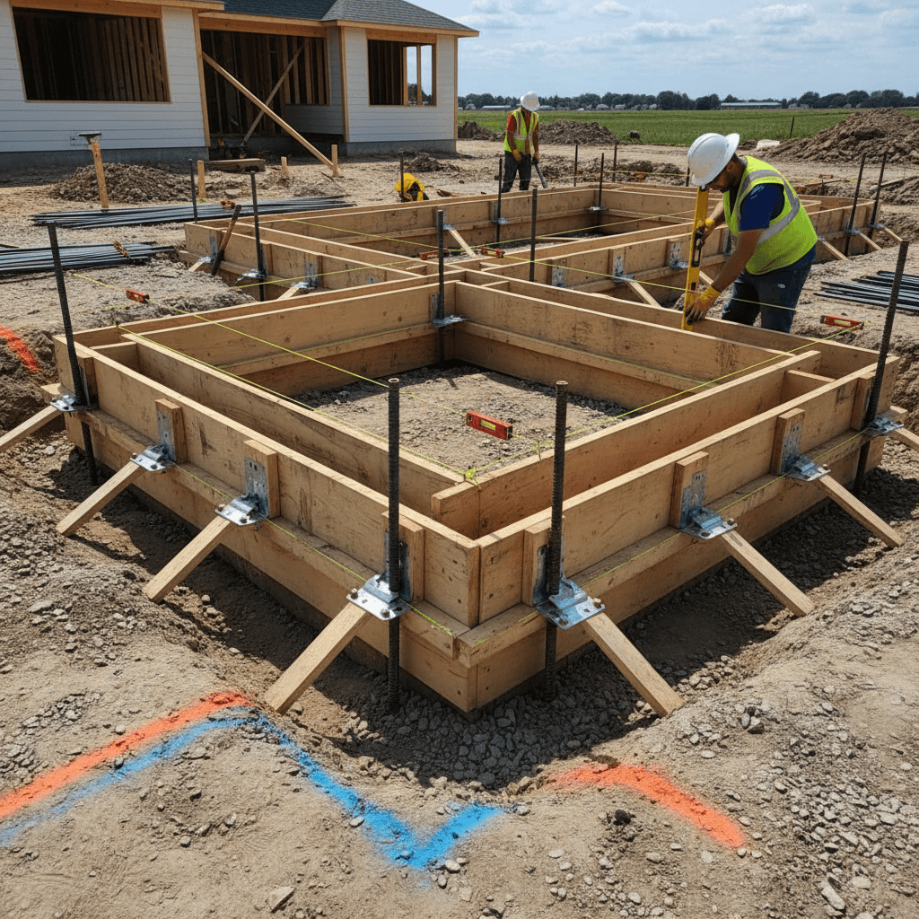 Concrete footing forms being leveled before pour