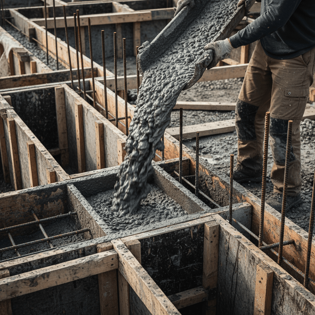 Concrete foundation pour in Rexburg with worker directing the chute