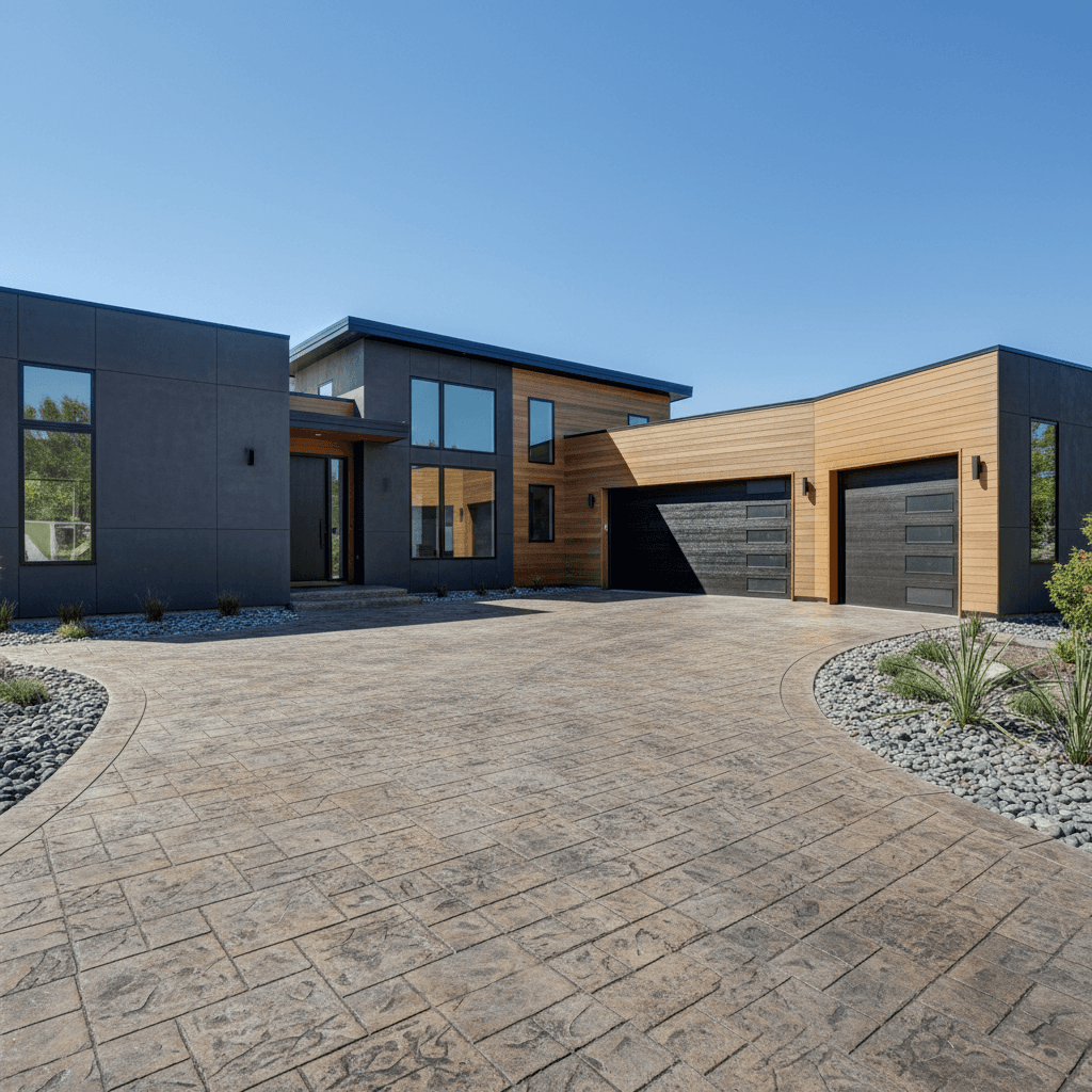 Large stamped concrete driveway with ashlar slate pattern and contrasting border
