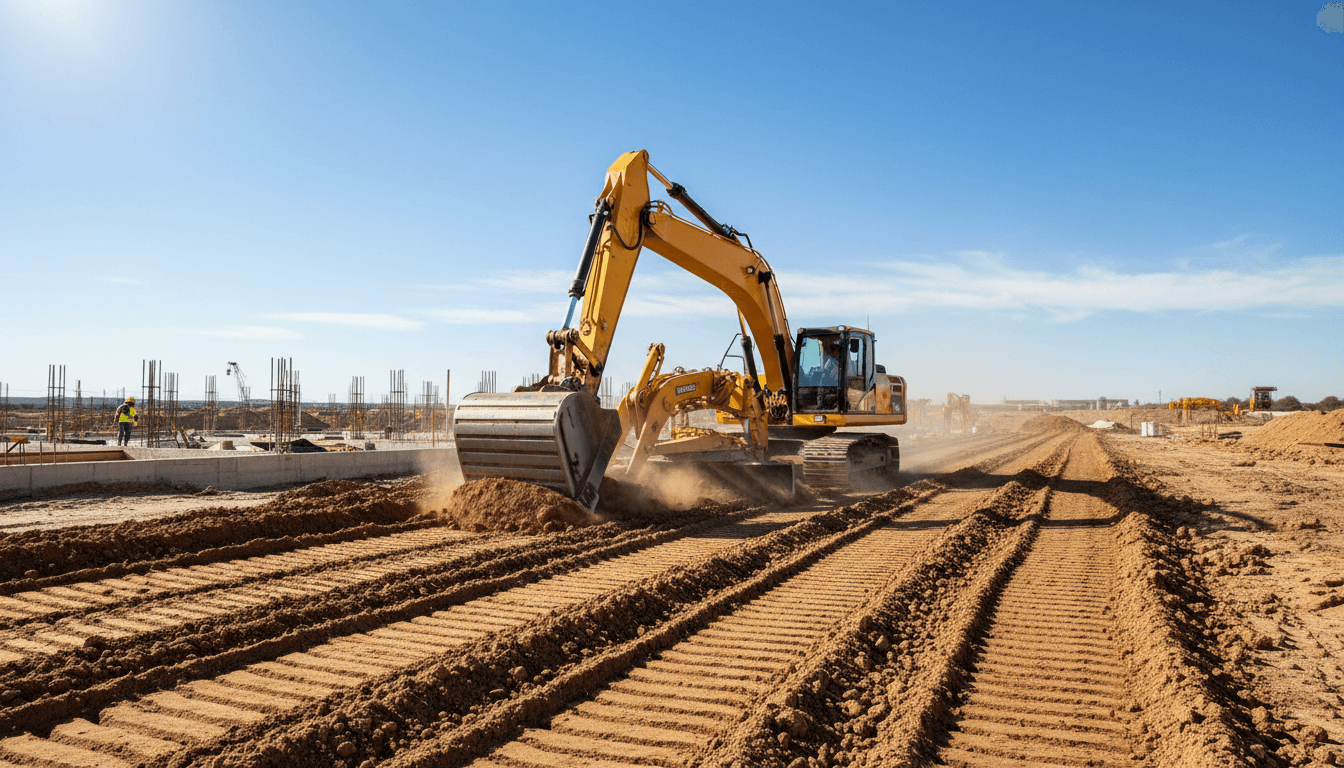 Excavator grading land at a residential construction site in Idaho Falls