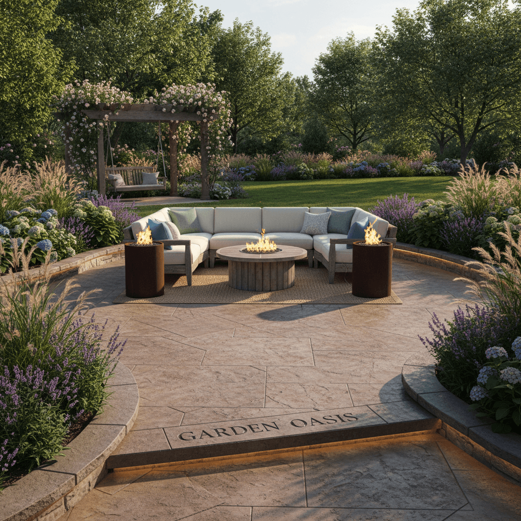 Beautiful stamped concrete patio with seating area and landscaping in backyard setting