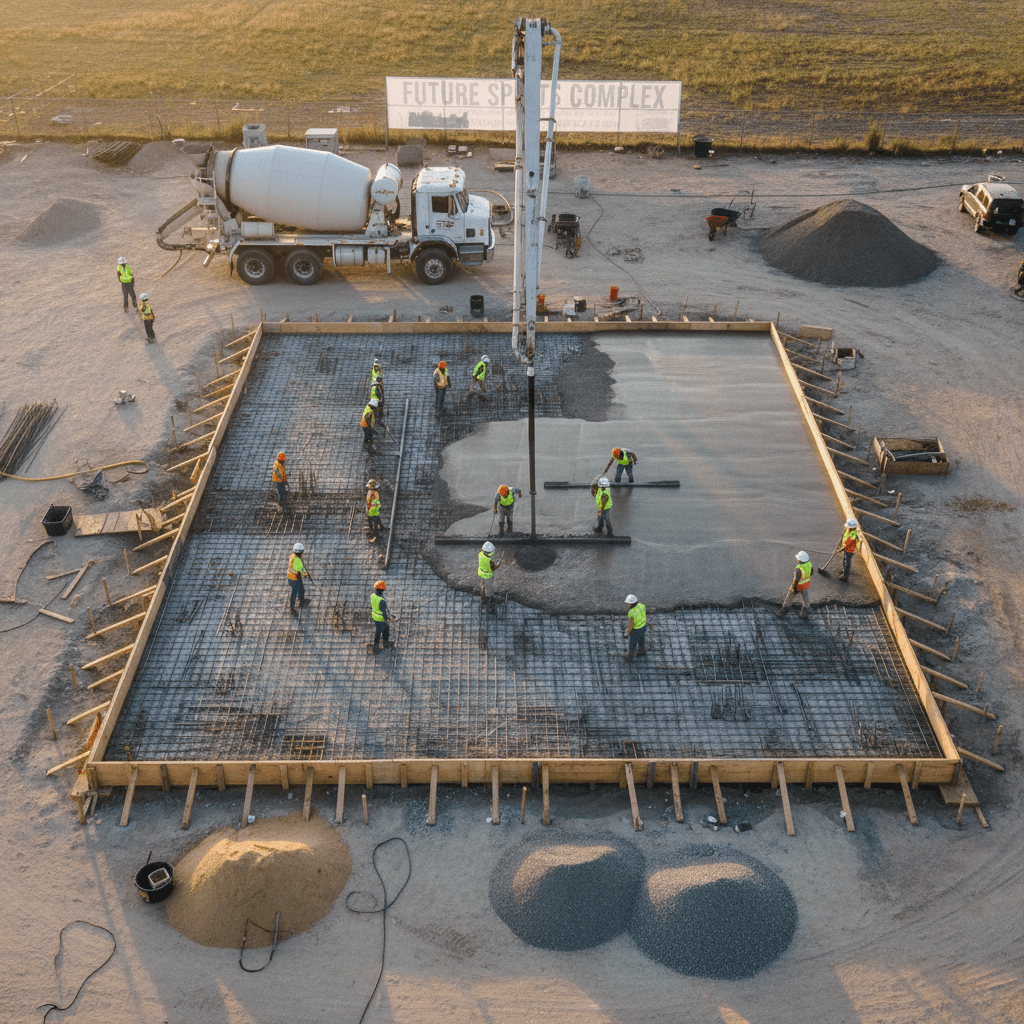 Concrete being poured and screeded for a new sports court with forms and reinforcement in place