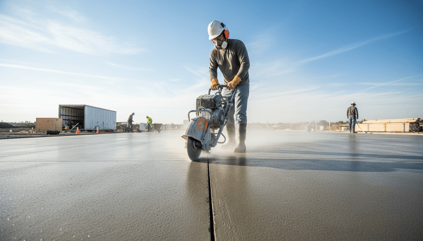concrete saw cutting straight control joints into new slab