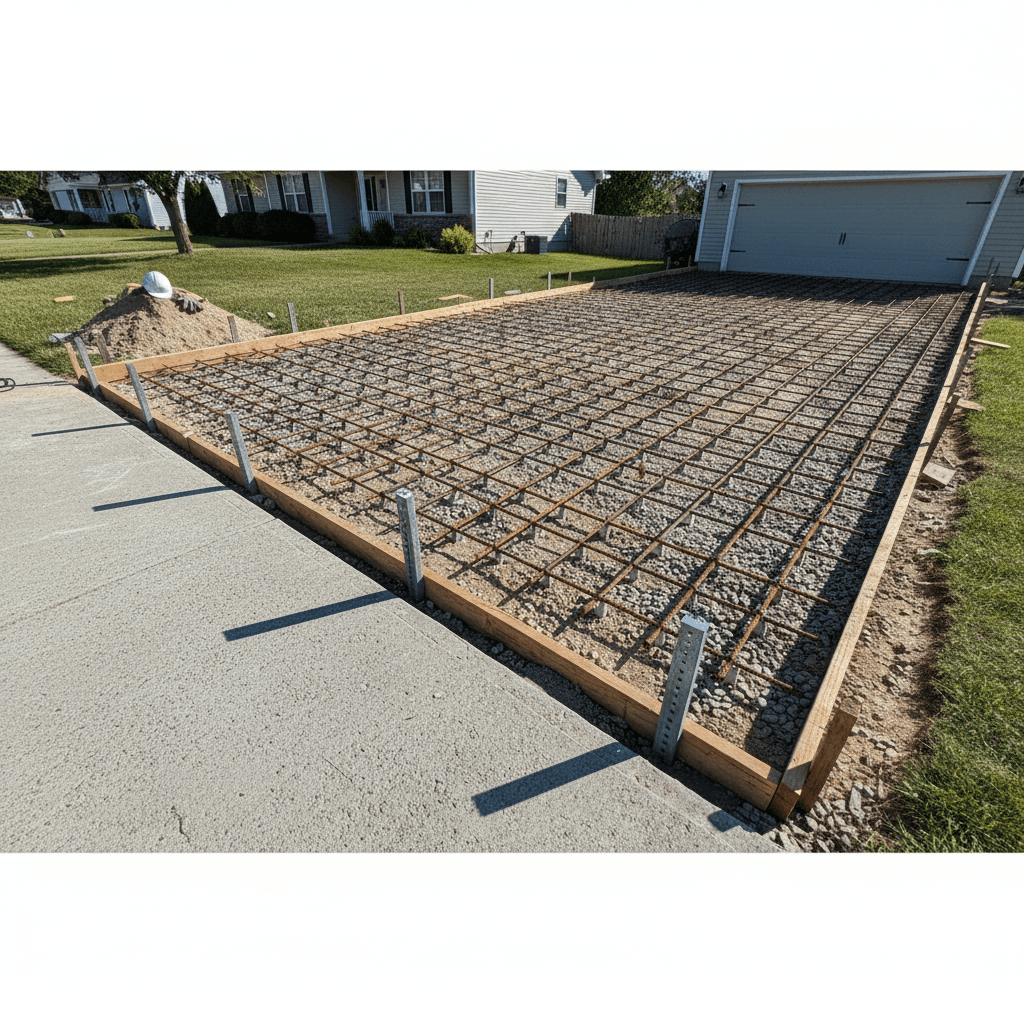 Workers reinforcing driveway extension with steel rebar before concrete pour