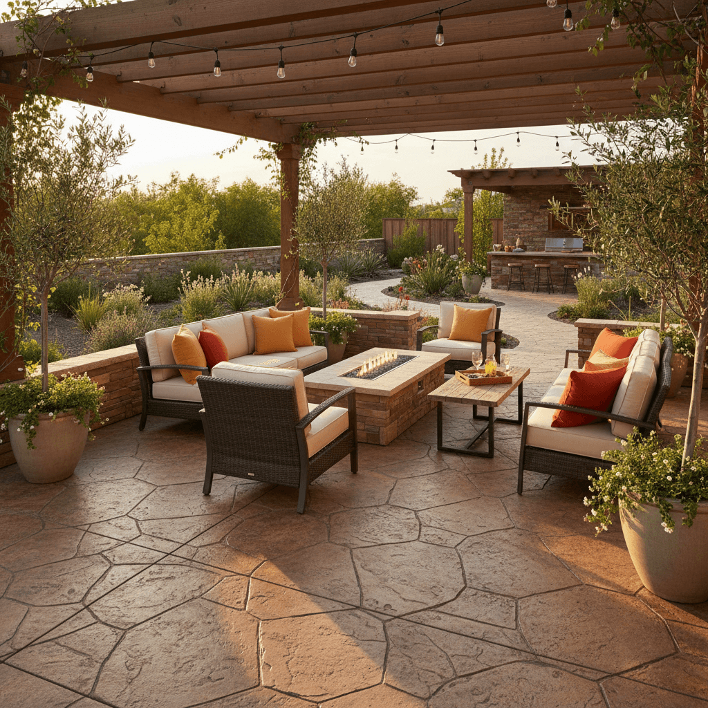 Stamped concrete patio with natural stone pattern and warm color blend
