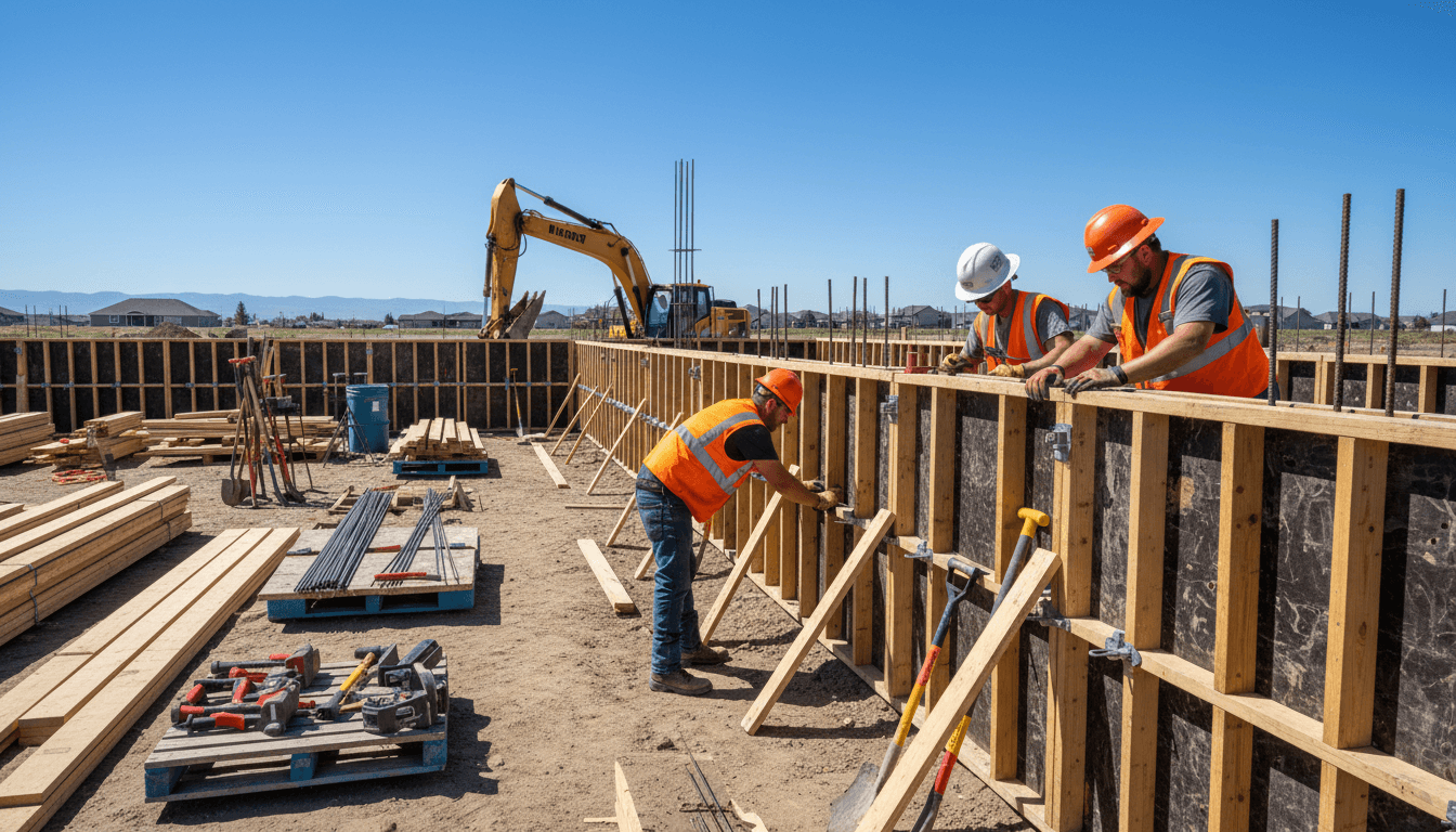 Skilled workers installing an 8-foot concrete wall foundation with panels and rebars.