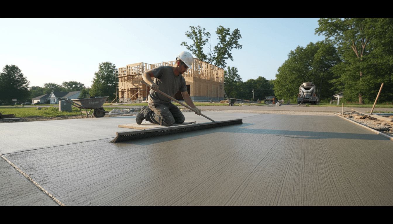Concrete worker applying broom finish texture to a fresh driveway surface