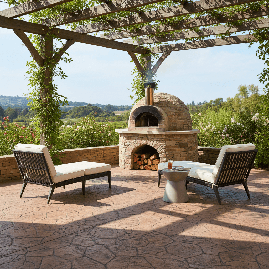 Stamped concrete patio with pizza oven