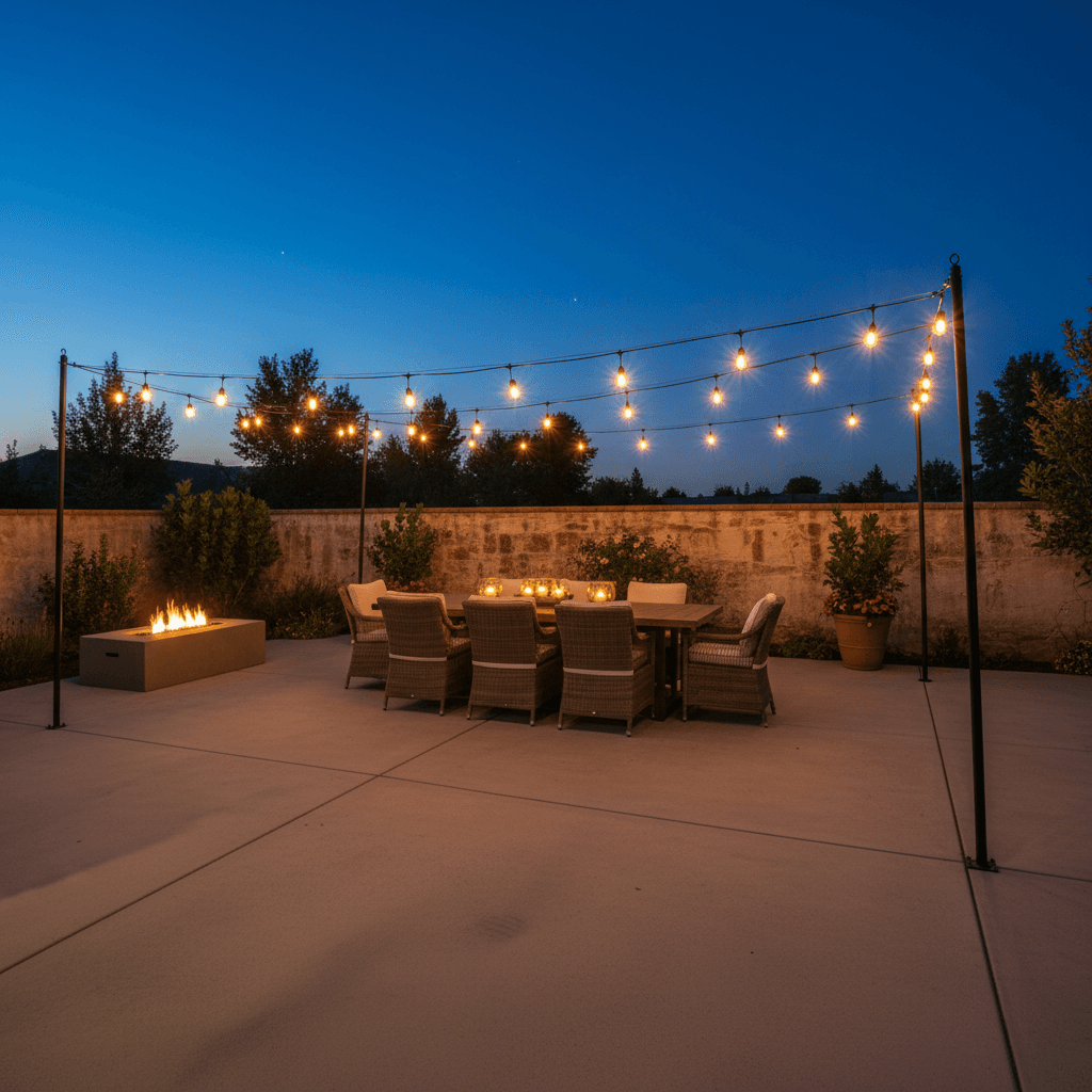 Concrete patio dining area with string lights