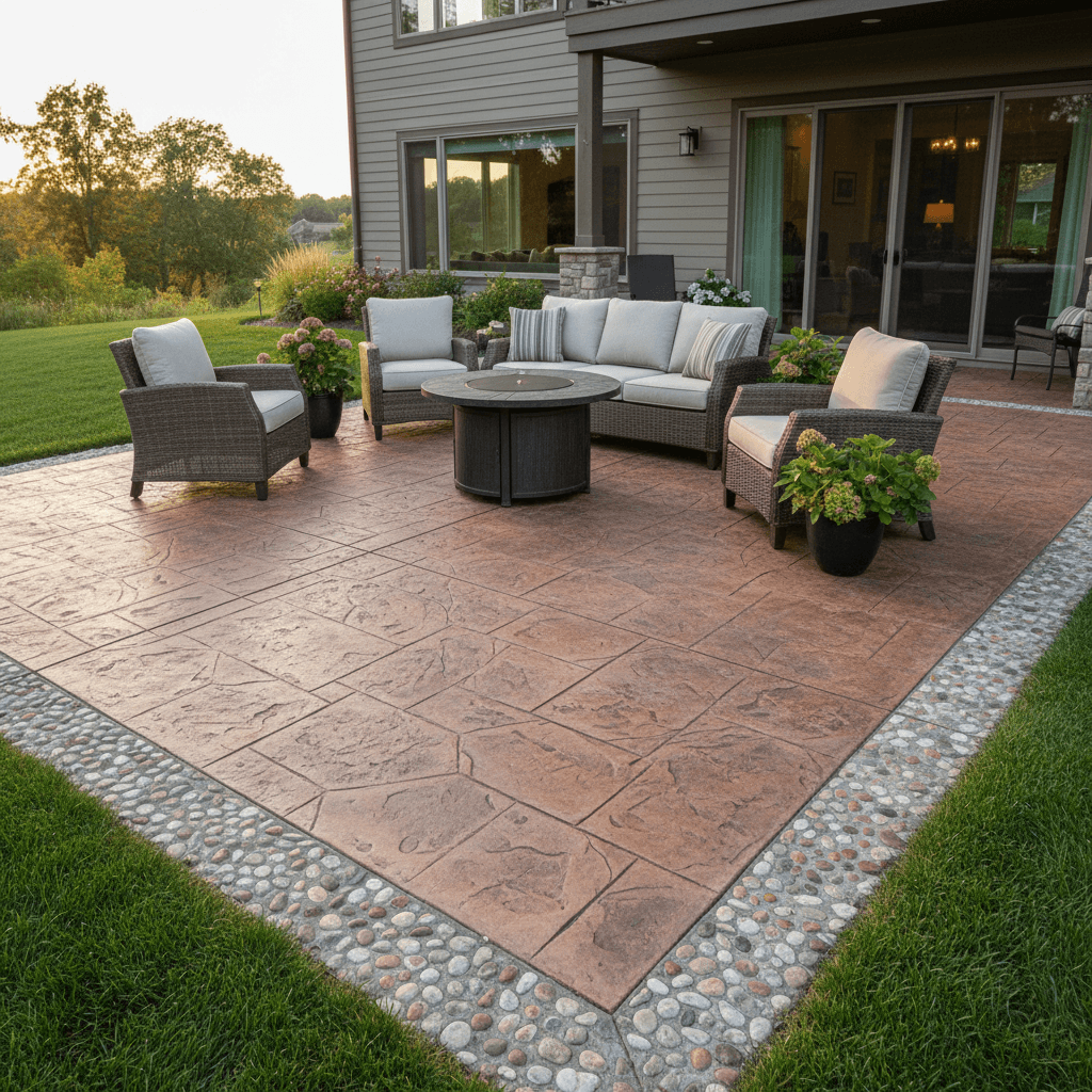 Stamped concrete patio with cut stone pattern and decorative exposed aggregate edge