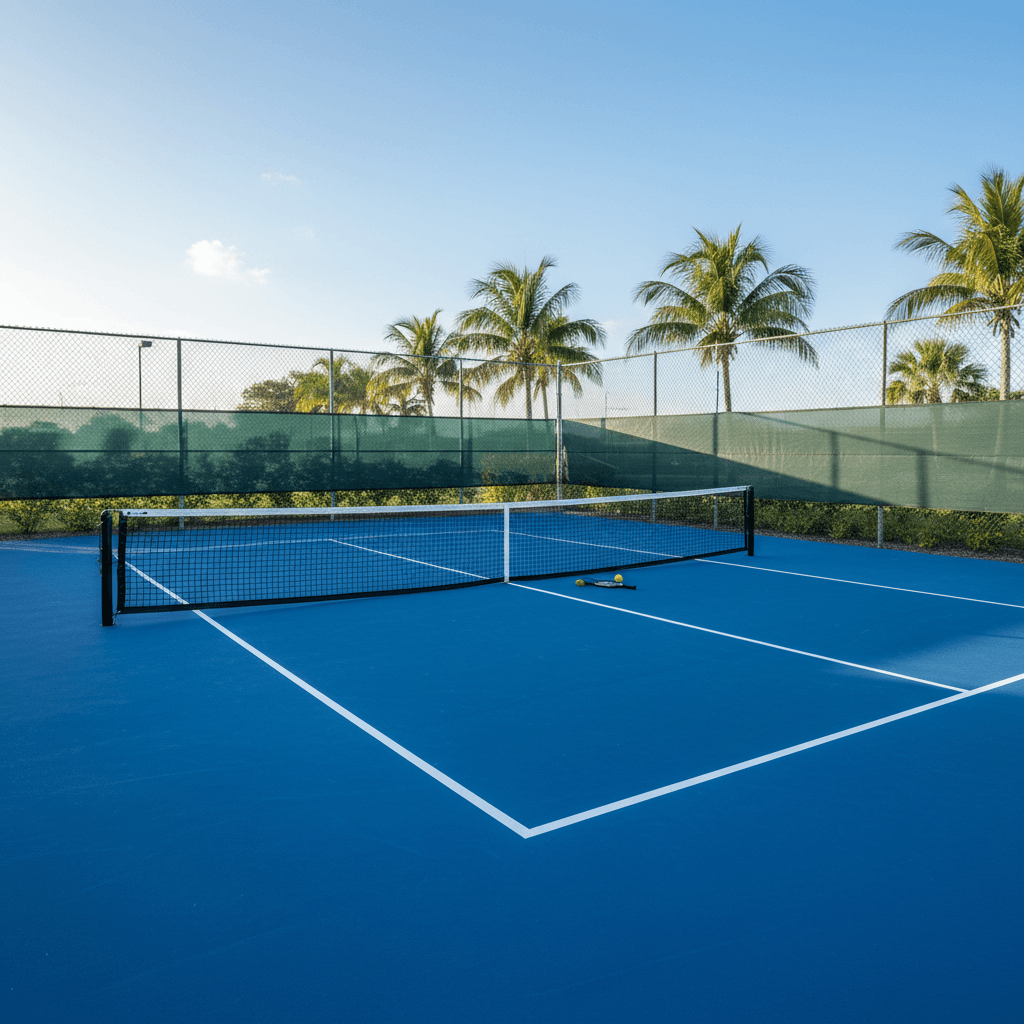 Finished pickleball court with blue surface, white lines, net, and perimeter fencing