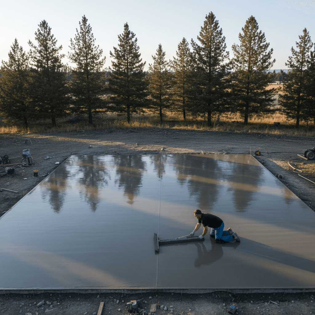 Concrete RV pad being finished in Driggs with worker smoothing the surface