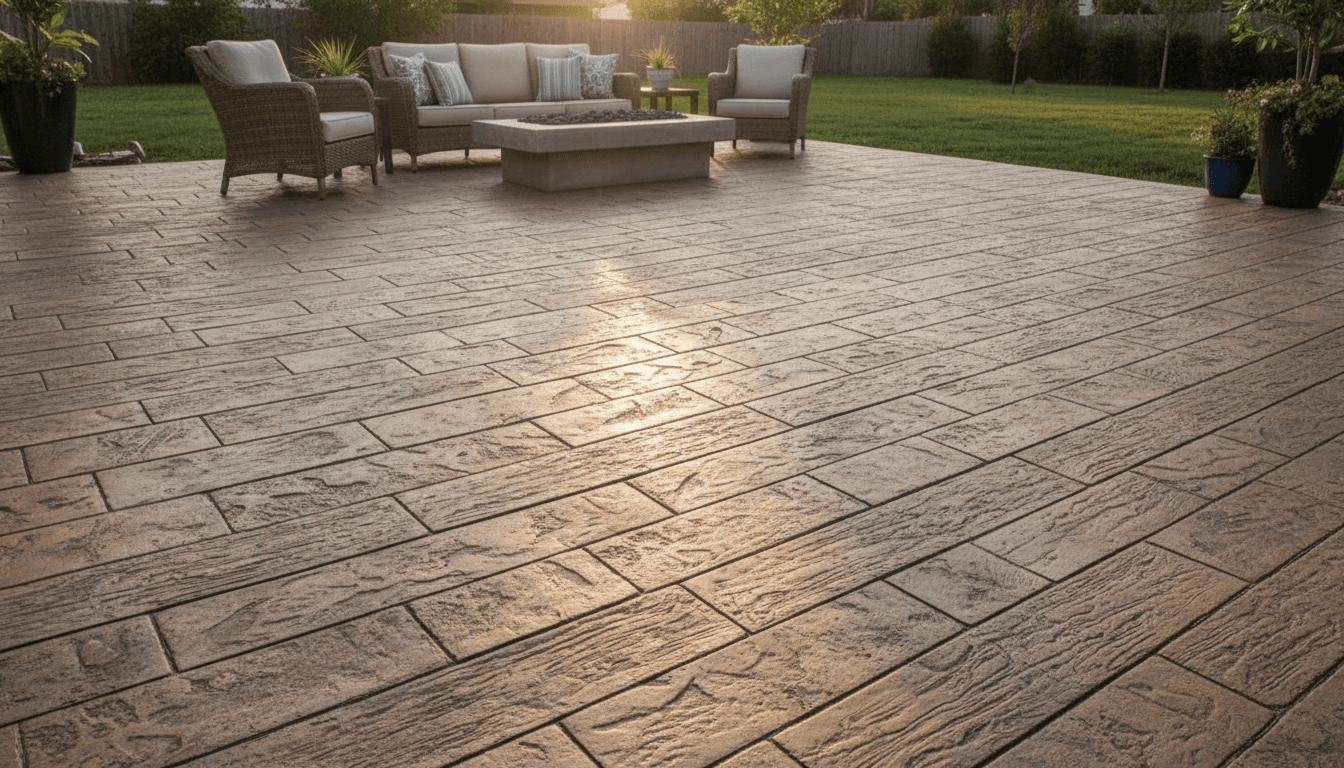 stamped concrete wood plank pattern on patio
