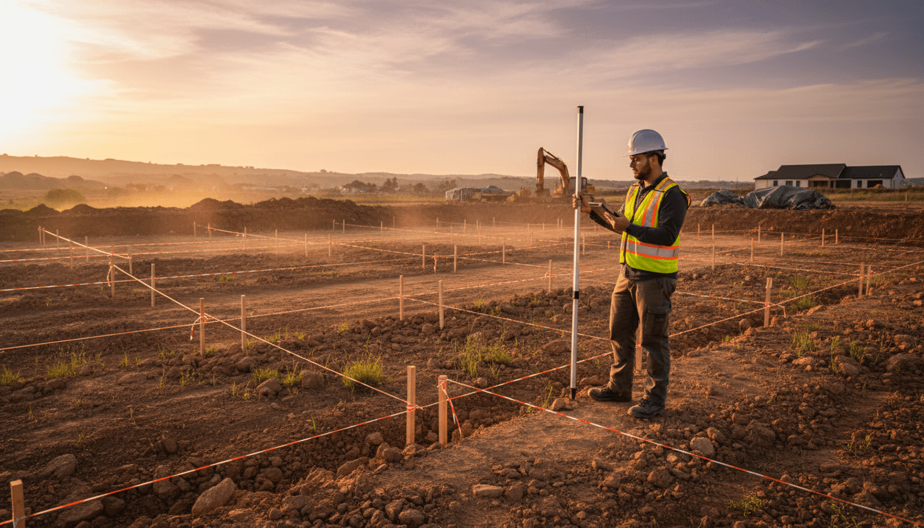 Construction worker checking excavation site survey markers