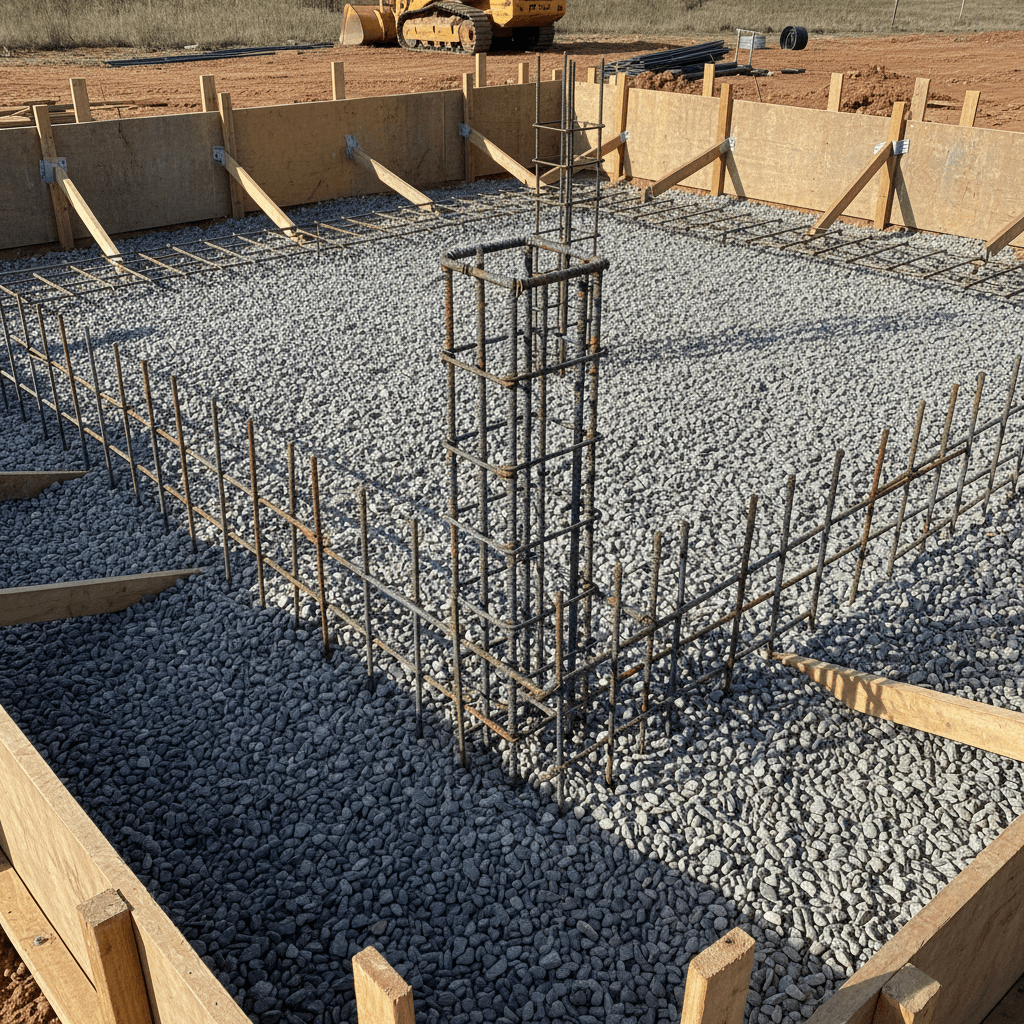 Stem wall foundation with gravel base and steel reinforcement