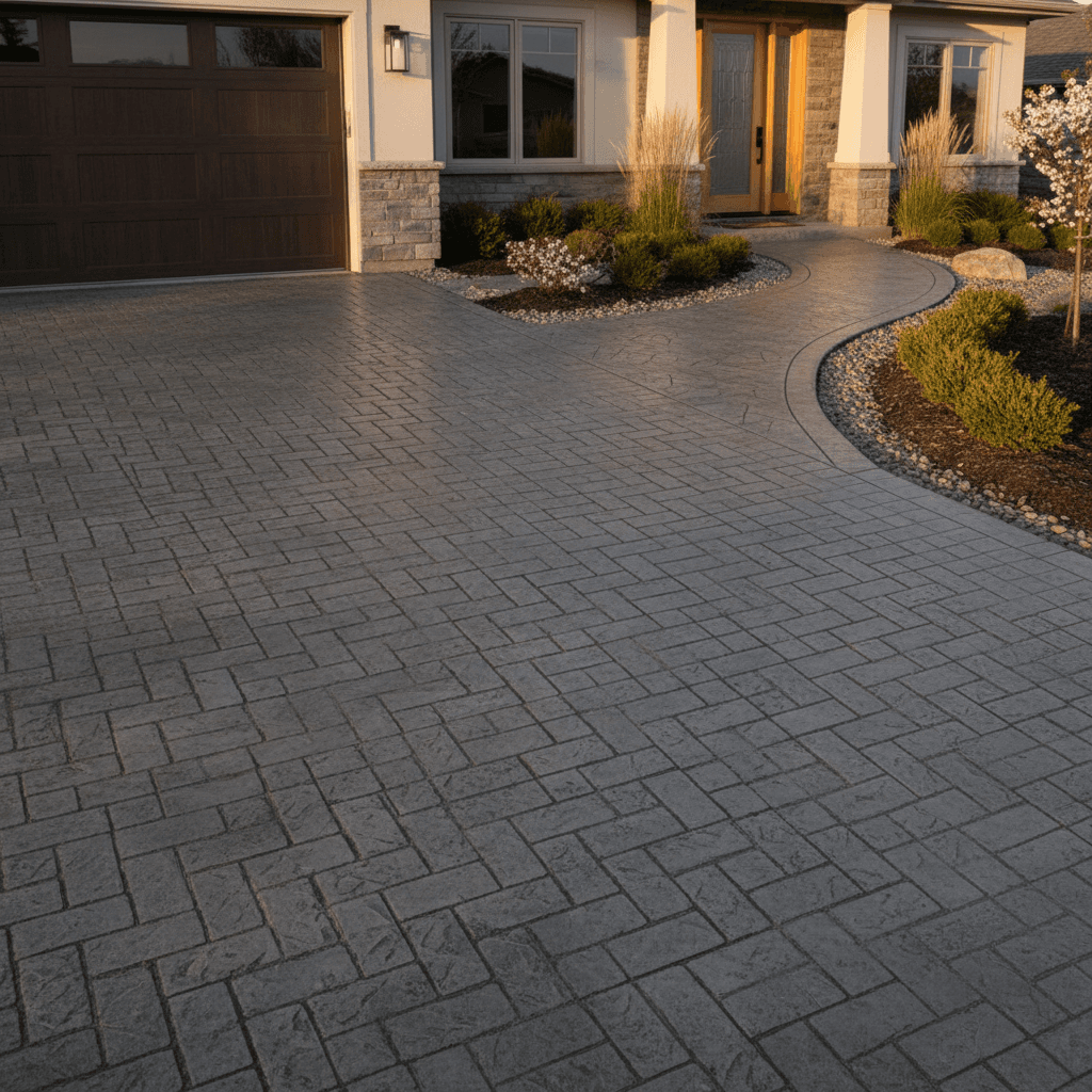 Stamped concrete driveway with herringbone pattern