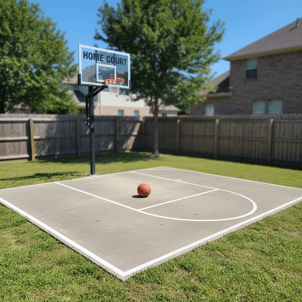 Residential basketball court with concrete surface, painted lines, hoop, and backboard