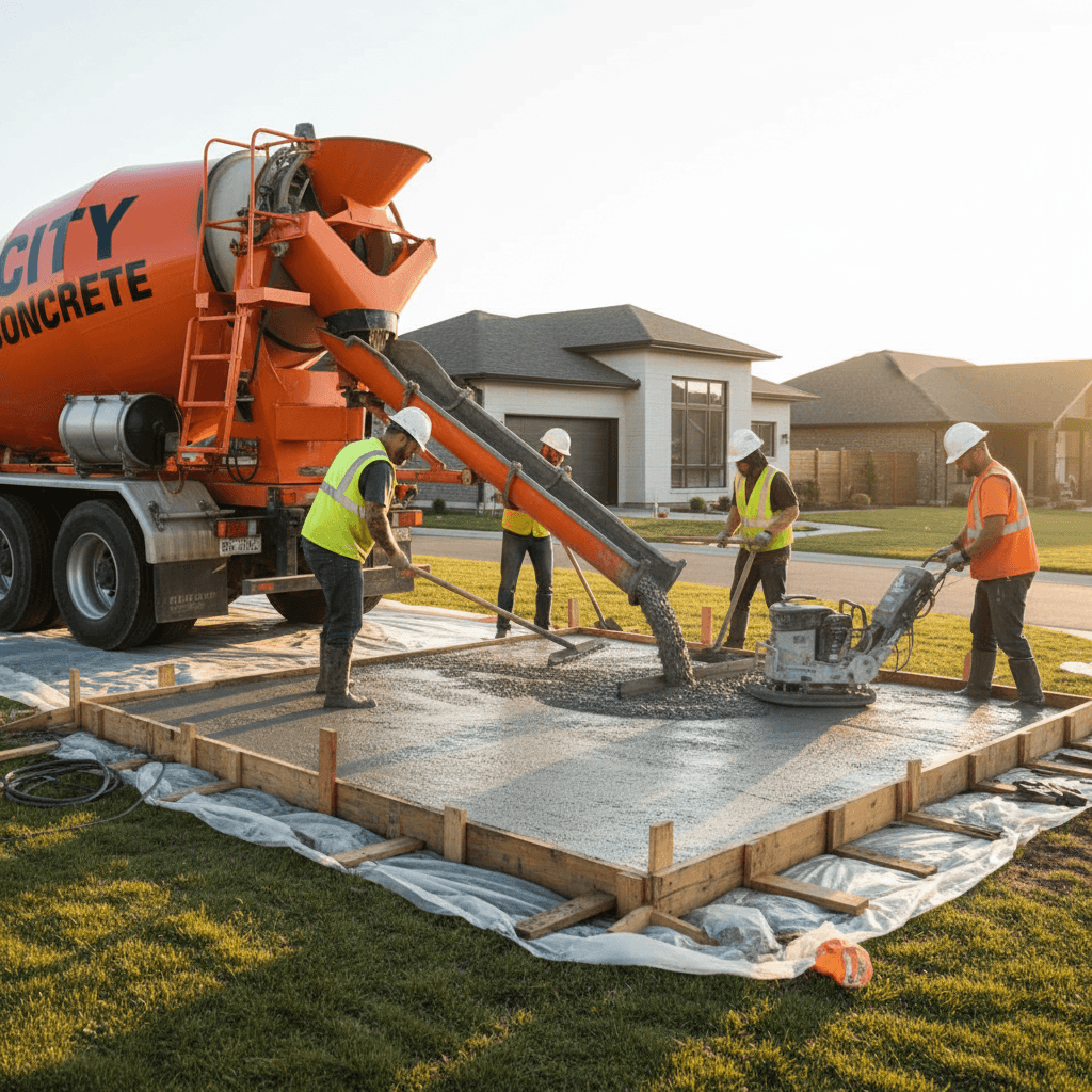Concrete truck pouring wet mix into forms for a new driveway installation