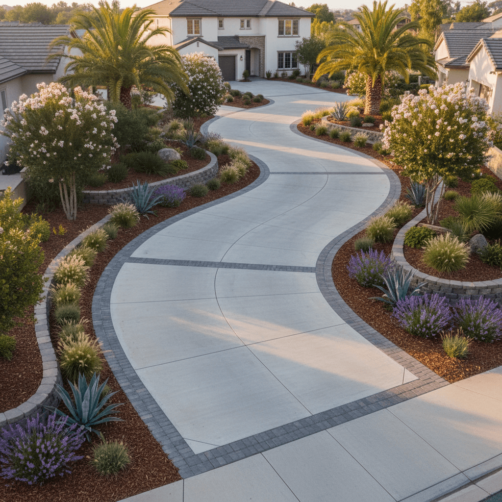 Curved driveway with decorative border details