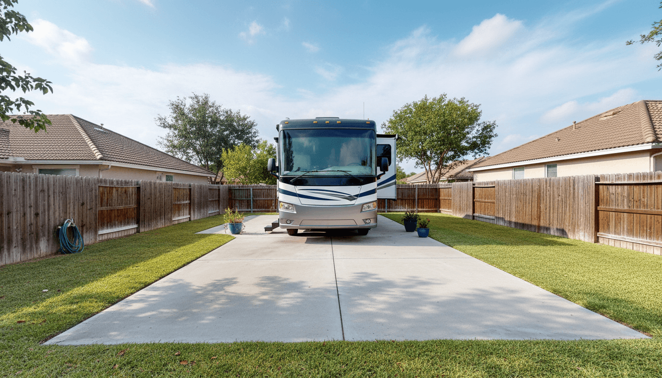 Large motorhome parked on a new concrete RV pad in a residential backyard