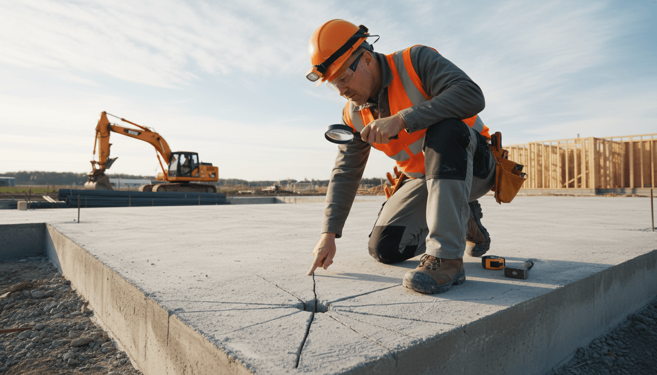 Contractor inspecting a concrete slab for structural damage