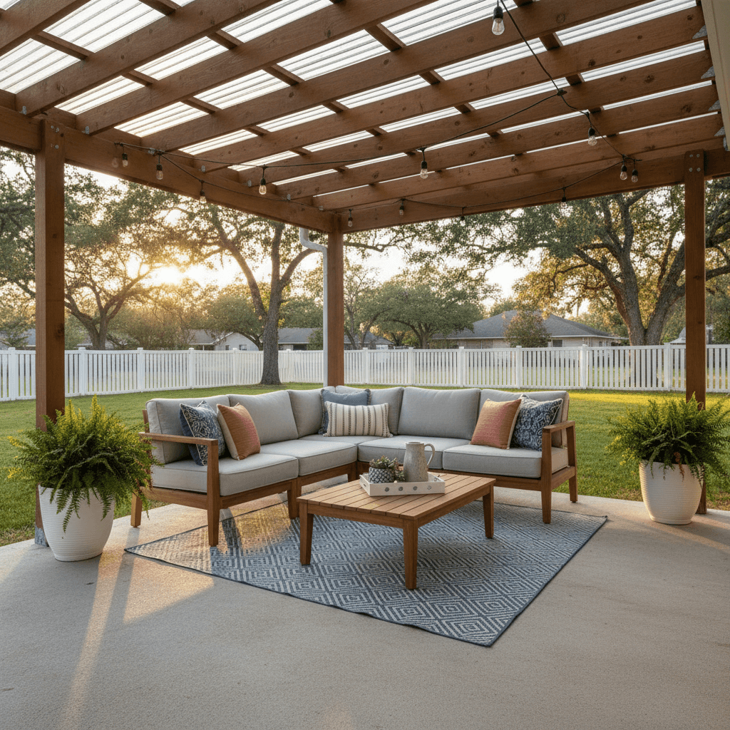 Covered concrete patio with outdoor furniture