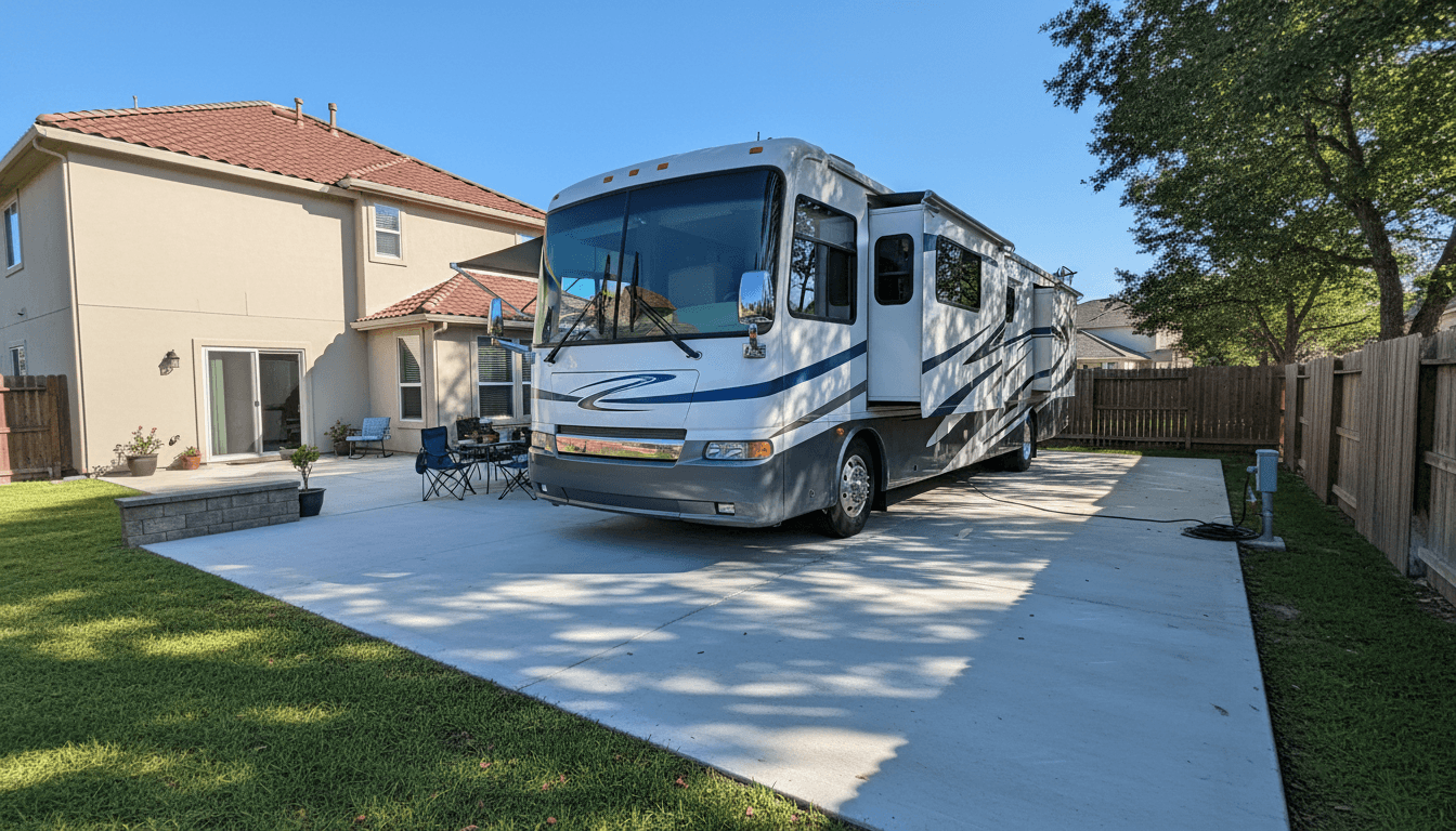 Large motorhome parked on a new concrete RV pad with a level finish